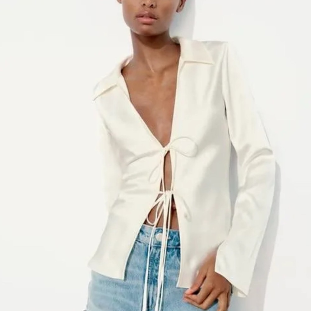 NWT Zara Women Cream Satin Effect Tie Front Long Sleeve Blouse